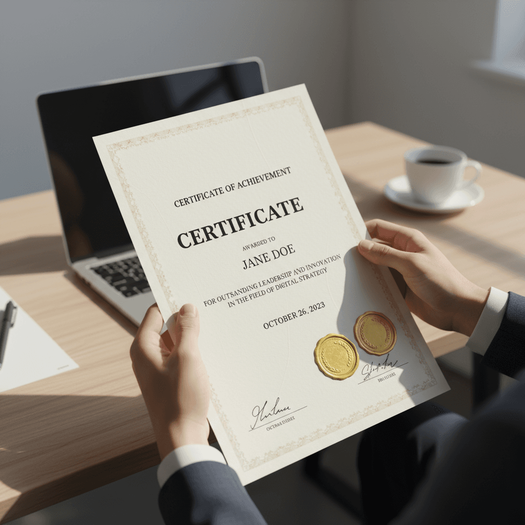 Professional hands holding embossed certification diploma in bright office setting