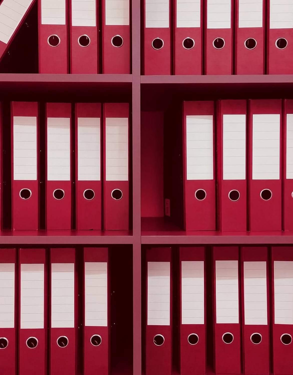Red ring binders with white labels and finger holes neatly organized on matching red shelves.