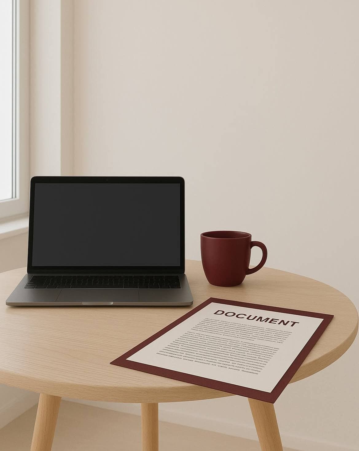 Open laptop, maroon mug, and document on a round wooden table in a minimalist room.