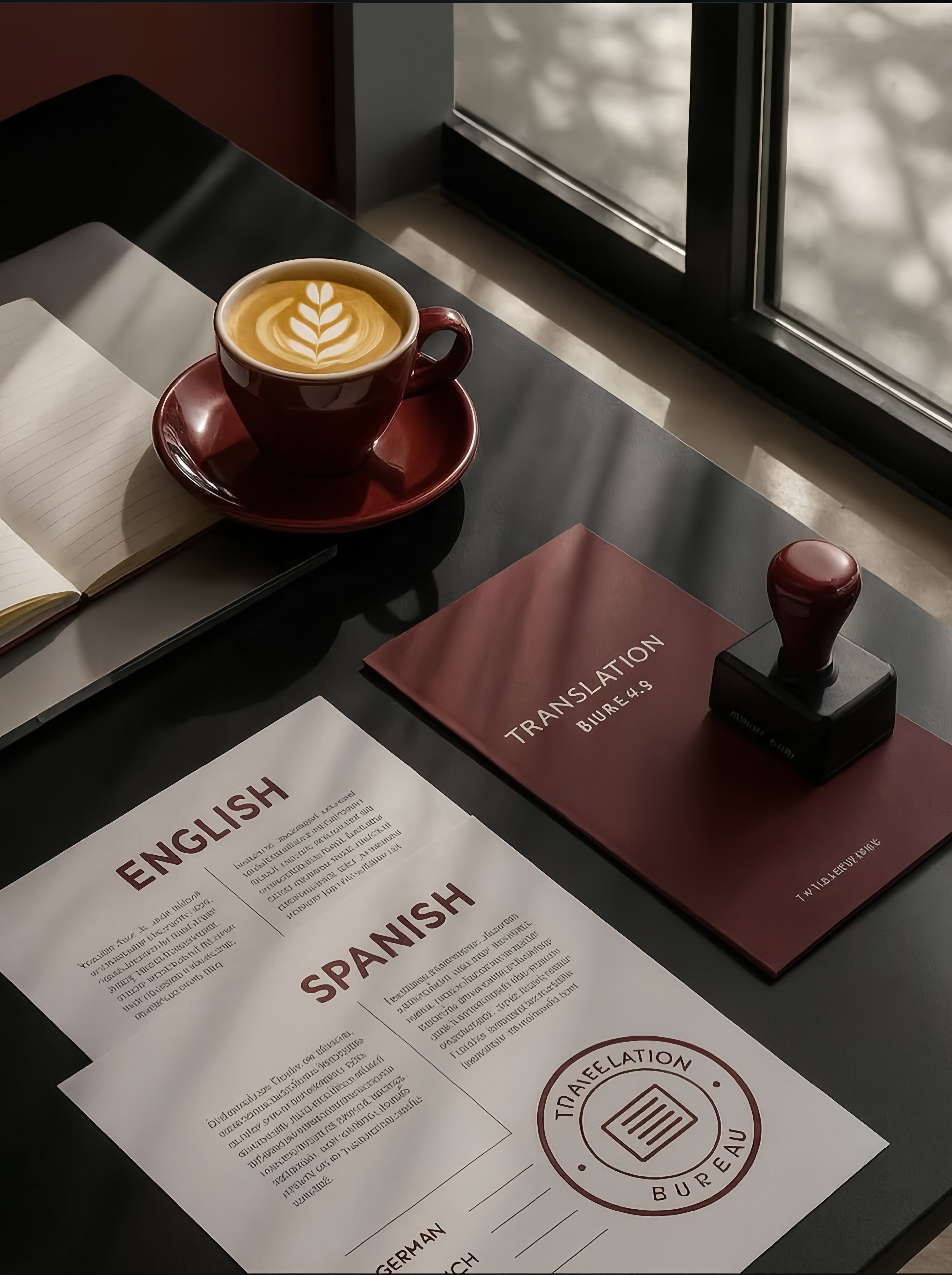 Latte in a red cup beside English and Spanish translation documents on a sunlit desk.